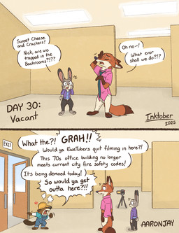 3_toes 4_fingers acting anthro armor bad_acting barefoot black_nose bottomwear brown_body brown_fur camera clothed clothed_anthro clothed_female clothed_male clothing count day_count dialogue fangs feet female female_anthro fingers fur grey_body grey_fur group hard_hat headgear helmet hindpaw humanoid_hands larger_anthro larger_male male male_anthro multicolored_body multicolored_fur overalls pants paws pink_nose plantigrade red_body red_fur size_difference smaller_anthro smaller_female standing tail teeth text toes tongue topwear trio two_tone_body two_tone_fur video_camera white_body white_fur aar0njay disney inktober inktober_2025 the_backrooms zootopia judy_hopps nick_wilde beaver canid canine european_rabbit fox lagomorph leporid mammal oryctolagus rabbit red_fox rodent true_fox 2025 comic english_text hi_res