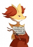 ambiguous_gender anthro conversational_sign crossed_arms hanging_sign humor placard sign simple_background solo stick strikethrough text wearing_sign white_background unknown_artist dogshaming nintendo pokemon canid canine delphox generation_6_pokemon mammal pokemon_(species) english_text meme