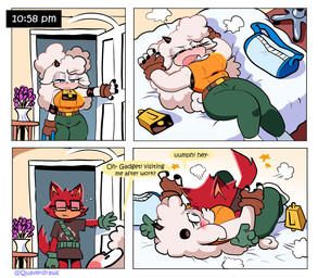 anthro bag bed bell blue_eyes blush blush_lines bottomwear clothed clothed_anthro clothed_male clothing cuddling dialogue duo eyelashes eyes_closed eyewear female fingerless_gloves flower flower_vase fully_clothed fully_clothed_anthro fully_clothed_male fur furniture glasses gloves groggy handwear horn male pants plant red_body red_fur speech_bubble text tired white_sclera wool_(fur) quavernsfw idw_publishing sega sonic_the_hedgehog_(comics) sonic_the_hedgehog_(idw) sonic_the_hedgehog_(series) gadget_the_wolf lanolin_the_sheep_(sonic) bovid canid canine canis caprine mammal sheep wolf comic english_text hi_res