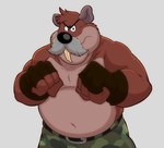 anthro belly black_nose bottomwear clothing facial_hair humanoid_hands male mature_male mustache overweight overweight_male pants simple_background solo mezasalvador brok_the_investigator cowcat_games tramp_(brok_the_investigator) cricetid mammal muskrat rodent 2023 absurd_res hi_res