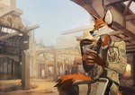 anthro black_nose clothed clothing day detailed_background eyebrows eyelashes fur green_eyes male orange_body orange_fur outside sky solo orphen-sirius canid canine fox mammal 2021 digital_media_(artwork) hi_res