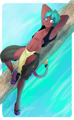 anklet anthro biped blue_eyes bottomwear chaps chest_tuft clothed clothing feet footwear fur hair hands_behind_head jewelry log loincloth looking_at_viewer lying male markings necklace nipples on_back outside partially_clothed red_body red_fur sandals sea seaside shoes short_hair skimpy smile solo toes topwear tuft vest water wood cainethelongshot maddock_(cainethelongshot) mammal mustelid 2014 hi_res