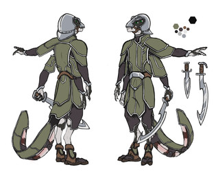 3_fingers 4_arms 4_eyes anthro armor biped claws clothed clothing color_swatch dagger fingers furgonomics green_clothing green_eyes grey_helmet headgear helmet male melee_weapon multi_arm multi_eye multi_limb solo sword tail tail_clothing weapon darth_biomech alien raharr 2023 colored hi_res