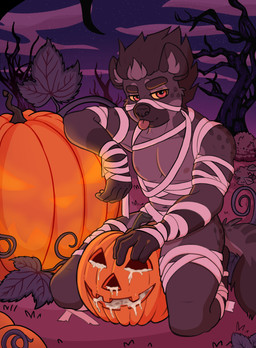 anthro bodily_fluids cum cum_in_pumpkin food forest fruit genital_fluids holidays jack-o'-lantern male mummy_costume mummy_wrappings muscular nipples nude pecs plant pumpkin pumpkin_fucking red_eyes solo tail tongue tongue_out tree dumbyb halloween chase_(dumbyb) hyena mammal absurd_res hi_res