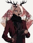 anthro antlers brown_body brown_fur camera clothed clothing fur hair horn leaf male scarf short_hair solo white_hair zuekrz deer mammal hi_res