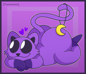 :3 ambiguous_gender anthro big_butt black_inner_ear black_nose black_sclera border butt cheek_tuft closed_smile facial_tuft fur fur_tuft heart_symbol jewelry lying mouth_closed on_front outline pendant purple_body purple_border purple_fur smile solo tail tuft white_eyes white_outline tunemon mob_entertainment poppy_playtime smiling_critters catnap_(poppy_playtime) domestic_cat felid feline felis mammal 2024 digital_media_(artwork) hi_res male_(lore)