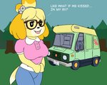 anthro big_breasts blush breasts clothed clothing dialogue eyewear female fur glasses grass hair looking_at_viewer open_mouth outside plant recreational_vehicle smile solo standing teeth text tongue tree vehicle wide_hips yellow_body yellow_fur toonarscontent animal_crossing nintendo isabelle_(animal_crossing) canid canine canis domestic_dog mammal shih_tzu toy_dog 5:4 english_text