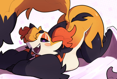anthro ass_up bed_sheet bedding big_breasts breast_squish breasts fangs female lying markings mole_(marking) pokemorph side_boob smile solo squish tail teeth egobitz nintendo pokemon hexx_(mommyhexx) canid canine delphox fox generation_6_pokemon mammal pokemon_(species) absurd_res hi_res
