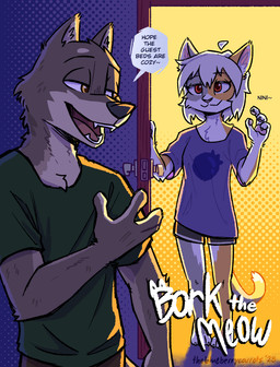 anthro blue_clothing blue_shirt blue_topwear clothed clothed_female clothed_male clothing dialogue door duo female female_anthro fully_clothed fully_clothed_female green_clothing green_shirt green_topwear inside looking_at_another male male_anthro red_eyes shirt speech_bubble text topwear theblueberrycarrots arcanis_(hahaluckyme) borko_(barkwoofawoo) calico_cat canid canine canis domestic_cat felid feline felis mammal wolf absurd_res comic cover cover_art cover_page digital_drawing_(artwork) digital_media_(artwork) english_text hi_res