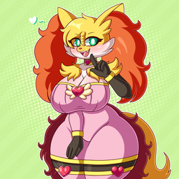 4_fingers anthro big_breasts biped black_body black_fur blonde_hair blush breasts clothing fangs female female_anthro fingers fur gem green_eyes hair heart_symbol huge_breasts legwear multicolored_body multicolored_fur open_mouth orange_body orange_fur pink_clothing red_body red_fur red_gem solo stockings teeth thick_thighs tongue white_sclera wide_hips yellow_body yellow_fur mintyspirit nintendo pokemon delphox generation_6_pokemon pokemon_(species) 1:1 2026 absurd_res digital_media_(artwork) hi_res