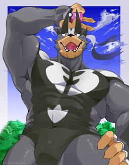 5_fingers abs anthro barazoku biceps big_muscles biped black_body black_eyes black_fur black_markings bodily_fluids body_hair bottomwear bulge clothing facial_markings fingers fur gloves_(marking) grey_body grey_fur head_markings holding_object loincloth love_ball low-angle_view male male_anthro markings multicolored_body multicolored_fur muscular muscular_anthro muscular_arms muscular_male open_mouth outside pecs pokeball pokemorph pseudo_clothing raised_arm sharp_teeth simple_background smile snout solo standing teeth white_body white_fur white_markings yellow_body yellow_fingers yellow_snout denmakug0 nintendo pokemon bear generation_8_pokemon legendary_pokemon mammal pokemon_(species) single_strike_style_urshifu urshifu 2024 absurd_res colored digital_drawing_(artwork) digital_media_(artwork) hi_res