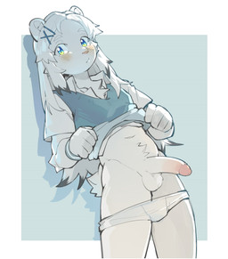anthro bottomless briefs clothed clothing fur genitals male partially_clothed penis simple_background solo tighty_whities underwear underwear_down white_body white_briefs white_clothing white_fur white_underwear shoko_contane nanami_kumagawa bear mammal polar_bear ursine hi_res