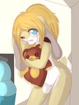 anthro blonde_hair blue_eyes blush bodily_fluids clitoris crying female genitals hair hug hugging_object hugging_plushie looking_at_viewer navel nude plushie pussy solo standing tears teddy_bear young young_anthro young_female aoizuri lagomorph leporid mammal rabbit hi_res