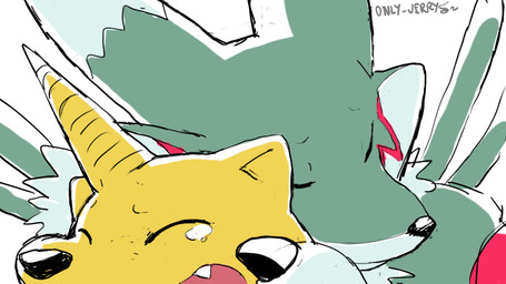 1_horn anthro bodily_fluids crying duo eyes_closed fangs green_body horn hug male open_mouth tears teeth yellow_body dahecksajerry bandai_namco digimon renaman_(dahecksajerry) canid digimon_(species) gabumon mammal renamon 16:9 widescreen