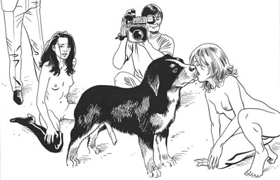 5_fingers 5_toes animal_genitalia animal_penis bestiality bestiality_kiss biped breasts camera canine_genitalia canine_penis clothed clothing dark_body dark_fur dark_hair digitigrade erection feet female female_on_feral feral fingers footwear french_kissing fur genitals group imminent_bestiality kissing light_body light_fur light_hair light_skin male male/female mostly_nude navel nipples nude penis plantigrade quadruped recording shoes simple_background standing toes vulva bruce_morgan canid canine canis domestic_dog human mammal black_and_white monochrome