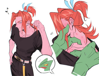 accessory anthro bedroom_eyes belt bite_mark bite_mark_on_neck blush blush_lines bottomwear clothed clothing duo fully_clothed hair hair_accessory hair_tie long_hair male male/male markings musical_note musical_symbol narrowed_eyes neck_markings not_furry_focus pants seductive shirt simple_background smile smirk surprised symbol tied_hair topwear white_background laiweitui nintendo pokemon a_mu_(laiweitui) fang_yuan_(laiweitui) generation_3_pokemon human mammal pokemon_(species) reptile scalie sceptile hi_res