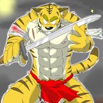 anthro asian_clothing bandage barazoku black_nose blood bodily_fluids clothing east_asian_clothing fundoshi fur humanoid_hands japanese_clothing kemono male muscular muscular_anthro muscular_male nipples solo underwear weapon white_body white_fur yellow_body yellow_fur oogamikennta felid mammal pantherine tiger 1:1 2007 low_res