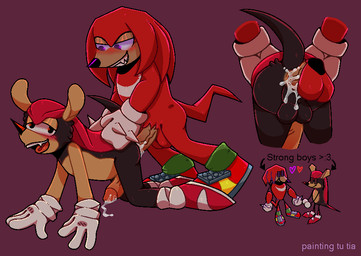4_fingers all_fours anal anal_orgasm anal_penetration anthro anthro_on_anthro anus balls black_body blush bodily_fluids bodily_fluids_in_ass clothing cum cum_in_ass cum_inside cum_on_ground cum_on_penis doggystyle duo ejaculation eye_contact fingers footwear from_behind_position fur genital_fluids genitals gloves half-closed_eyes hands-free handwear heart_symbol humanoid_genitalia humanoid_penis interspecies leaking_cum legwear looking_at_another male male/male male_on_bottom male_on_top male_penetrated male_penetrating male_penetrating_male mostly_nude muscular narrowed_eyes on_bottom on_top open_mouth orgasm orgasm_face penetration penile penile_penetration penis penis_in_ass purple_eyes rear_view red_body sex shoes simple_background smile socks spikes tan_body tan_fur teeth tongue vein veiny_penis painting_tu_tia sega sonic_the_hedgehog_(series) knuckles_the_echidna mighty_the_armadillo armadillo echidna mammal monotreme nine-banded_armadillo short-beaked_echidna xenarthran aliasing binary_drawing digital_drawing_(artwork) digital_media_(artwork)