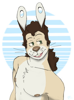 anthro blue_circle brown_hair buckteeth chest_tuft clothed clothing ear_piercing eyebrows flesh_tunnel fur gauged_ear green_eyes hair looking_aside male male_anthro open_mouth piercing ponytail simple_background solo tan_body tan_fur teeth topless topless_anthro topless_male tuft whisker_spots p_rindustries wynn_(p_rindustries) lagomorph leporid mammal rabbit 2021