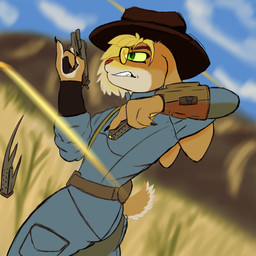 anthro blurred_background claws clenched_teeth clothing cowboy_hat dutch_angle eyewear fur glasses green_eyes gun gunfire handgun hat headgear headwear m1911 male multicolored_body pip-boy pistol ranged_weapon reloading side_view solo tan_body tan_fur teeth two_tone_body two_tone_tail vault_suit weapon templar_ponyboy colt's_manufacturing_company fallout microsoft beigesamurai lagomorph leporid mammal rabbit 1:1 hi_res