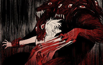 agony anthro being_attacked bite fangs gore hand_holding imminent_death male multi_eye pain red_body red_eyes teeth wounded leslekieuart mythology canid canine human mammal mythological_canine mythological_creature werecanid werecanine werecreature werewolf colored hi_res shaded