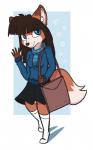 anthro bag blue_eyes bottomwear brown_body brown_fur brown_hair clothed clothing female footwear fur gesture hair heart_symbol holding_object inner_ear_fluff legwear scarf simple_background skirt socks solo sweater topwear tuft waving aggie_(artist) fey_(aggie) canid canine fox mammal 2018 digital_media_(artwork) hi_res