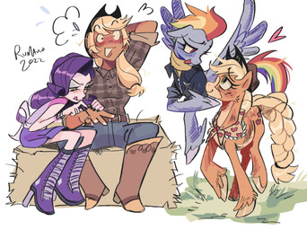 blonde_hair blue_eyeshadow blush boots cartoon_freckles clothing eyelashes eyeshadow female footwear freckled_face freckles group hair high_heeled_boots high_heels long_eyelashes makeup multicolored_hair purple_hair shoes tear_trough wings therumano friendship_is_magic hasbro my_little_pony mythology applejack_(mlp) rainbow_dash_(mlp) rarity_(mlp) equid equine horse human mammal mythological_creature mythological_equine pegasus pony hi_res