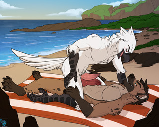 animal_genitalia animal_penis anthro beach beak blush bodily_fluids canine_genitalia canine_penis claws day detailed_background duo erection fangs feathers frottage fur genital_fluids genitals hair knot lying male male/male nipples nude nude_beach on_back outdoor_nudity outside outside_sex penile penis penises_touching precum sand scales scenery seaside sex sex_on_the_beach sky smile spots straddling tapering_penis teeth tongue towel water white_body yteri conditional_dnp electroporn kotovek_(atori) rashadi_(daskata) avian hyena mammal spotted_hyena 5:4 digital_media_(artwork) hi_res