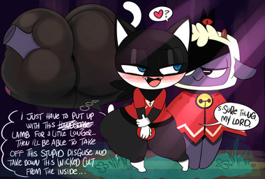2_horns anthro bedroom_eyes big_butt black_body black_ears black_eyes black_fur black_tail blue_eyes blush blush_lines brown_horn bulge butt butt_grab butt_squish cape clothed clothing crown deep_skin dialogue dipstick_tail duo fangs fur grass grey_body grey_ears grey_skin grope hair hand_on_butt head_tuft headgear heart_symbol horizontal_pupils horn huge_butt imminent_sex long_tail male male/male markings mask multicolored_body multicolored_fur narrowed_eyes noseless open_mouth open_smile outside pink_tongue plant pupils red_cape red_clothing red_shirt red_topwear seductive shirt smile smug speech_bubble squish standing tail tail_markings teeth text thick_thighs thought_bubble tongue topwear tuft two_tone_body two_tone_fur two_tone_tail white_body white_fur white_hair white_inner_ear white_pupils white_tail white_wool wide_hips wool_(fur) ota_(artist) atlus cult_of_the_lamb massive_monster_(studio) megami_tensei persona_(series) persona_5 sega lamb_(cult_of_the_lamb) morgana_(persona) red_crown_(cult_of_the_lamb) bovid caprine domestic_cat felid feline felis mammal sheep tuxedo_cat 2023 artist_name crossover digital_media_(artwork) english_text hi_res signature