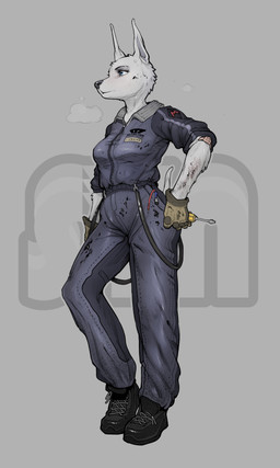 anthro bandage belt blue_eyes bodily_fluids boots clothing female footwear fur gloves handwear mechanic musk oil oil_stain overalls screwdriver shoes simple_background solo sweat tools white_body white_fur wire work_clothes syn-6 jessica_(syn-6) canid canine canis dobermann domestic_dog mammal pinscher absurd_res hi_res