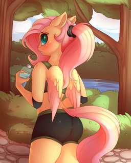 accessory anthro anthrofied armband biped blue_eyes blush bodily_fluids bottle breasts clothed clothing cloud container day exercise exposure_variation eyebrows eyelashes feathered_wings feathers female fluffy fluffy_tail fully_clothed fur hair hair_accessory hairband holding_object jogging long_hair looking_at_viewer looking_back outside pink_hair pink_tail plant pond ponytail river shrub sky slim solo sport sweat tail teeth tight_clothing tree water water_bottle wings yellow_body yellow_feathers yellow_fur evehly friendship_is_magic hasbro my_little_pony mythology fluttershy_(mlp) equid equine mammal mythological_creature mythological_equine pegasus 2016 absurd_res digital_media_(artwork) hi_res