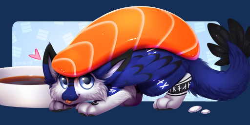 ambiguous_gender black_markings blep blue_body blue_eyes blue_fur blue_wings cheek_tuft facial_tuft feathered_wings feathers feral food fur glistening glistening_eyes markings pattern_background simple_background solo sushi text tongue tongue_out tuft white_body white_fur wings bloominglynx mythology dragon furred_dragon furred_scalie mythological_creature mythological_scalie scalie 2024 alpha_channel artist_name hi_res