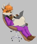 absurd_res anthro belly belly_tuft big_belly big_breasts bloated breasts brown_ears businesswear canid canine clothed clothing computer countershading digital_media_(artwork) eating electronics featureless_breasts female food fox hi_res holding_food holding_object holding_sandwich huge_belly laptop mammal mouth_full navel open_clothing open_shirt open_topwear orange_body pantsuit sandwich_(food) scarlett_fox_(daedric36) shirt solo strawberrywith4 toony topwear tuft white_belly white_body white_countershading yellow_sclera