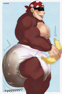 anthro areola barazoku big_areola big_muscles big_nipples big_pecs blush brown_body brown_fur clothed clothing diaper diaper_only eyewear feces fur kerchief light_body light_skin male masturbation motion_blur muscular muscular_anthro muscular_male nipples onomatopoeia pecs penile penile_masturbation pooping pooping_while_masturbating sex_toy side_view smile soiled_diaper soiling soiling_diaper solo sound_effects standing sunglasses text tongue tongue_out topless unclean_diaper used_diaper using_diaper vibrator vibrator_on_diaper wand_vibrator wearing_diaper ianicine donkey_kong_(series) nintendo funky_kong ape gorilla haplorhine mammal primate 2025 hi_res