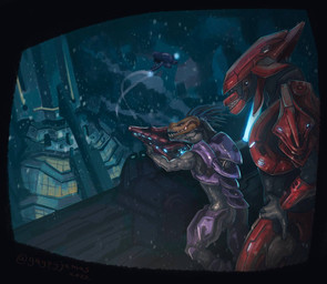 4_fingers aiming_gun aiming_weapon aircraft anthro armor banshee_(halo) beam_rifle bodysuit city city_background clothing duo fingers full_armor glowing gun hand_on_hip holding_gun holding_object holding_ranged_weapon holding_weapon male mandibles outside pseudo_hair quill_hair ranged_weapon rifle sharp_teeth size_difference skinsuit smaller_anthro sniper_rifle snow snowing standing teeth text tight_clothing vehicle weapon gaypyjamas halo_(series) microsoft xbox_game_studios t'loaki alien ibie'shan kig-yar sangheili scalie 2022 colored