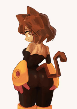 anthro big_butt biped black_bodysuit black_clothing black_nose black_skinsuit bodysuit bouncing_butt breasts brown_body brown_eyes brown_fur brown_hair butt clothing female fur hair looking_at_viewer looking_back looking_back_at_viewer pose simple_background skinsuit smile solo teasing teasing_viewer thick_thighs tight_clothing whiskers white_background wide_hips yellow_sclera twenty_2 gameoverse glitch_productions kit_bodega domestic_cat felid feline felis mammal 2026 2d_animation animated colored hi_res loop portrait shaded short_playtime three-quarter_portrait video
