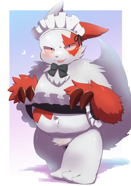 ambiguous_gender anthro belly blep blush bottomless bottomwear claws clothed clothing clothing_lift deep_navel featureless_crotch fupa fur heart_symbol maid_uniform markings navel null pink_eyes red_markings skirt skirt_lift slightly_chubby solo tail tongue tongue_out uniform white_body white_fur hitsuzi_taro11 nintendo pokemon generation_3_pokemon pokemon_(species) zangoose absurd_res hi_res