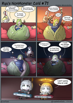>:3 annoyed antennae_(anatomy) apode beverage breasts casual_nudity chibi clothed clothing controller convenient_censorship electronics female furniture game_controller gaming green_hair group hair halo heart_(marking) inside joycon_controller legless looking_at_object looking_at_phone markings monster_girl_(genre) night nintendo_controller nude phone pillow playing_video_game serpentine sitting soda sofa text trio_focus white_hair randomtanstudio mythology nintendo nintendo_switch ryu's_non_monster_cafe holly_greatman_(randomtanstudio) loo_(randomtanstudio) ryu_(randomtanstudio) vassago_(randomtanstudio) angel animal_humanoid demon draconcopode dragon dragon_humanoid gastropod gastropod_humanoid humanoid mollusk mollusk_humanoid mythological_creature mythological_scalie scalie slug_humanoid comic english_text hi_res