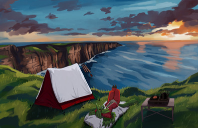 4_ears anthro appliance camping cliff clothed clothing feathered_wings feathers female grass green_body green_feathers kitchen_appliance multi_ear oven plant relaxing sea sleeping_bag solo sunset tent water wind_chime winged_arms wings van_lucyus cooki_(character) avali avian absurd_res hi_res