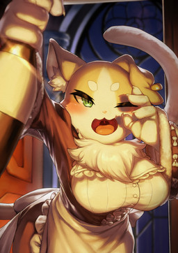 anthro biped blush breasts clothed clothing detailed_background drunk eyebrows female fingers fur green_eyes grey_body grey_fur looking_at_viewer one_eye_closed open_mouth pupils solo substance_intoxication tail white_body white_fur white_tail xux_(artist) re:zero puck_(re:zero) felid feline mammal absurd_res hi_res