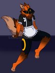 anthro blush brown_body brown_fur clothing fluffy fluffy_ears fluffy_tail fur machine maid_uniform male neck_tuft orange_body orange_fur screen screen_face simple_background solo tail tuft uniform mistystar protogen digital_media_(artwork) shaded