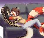 anthro duo eyes_closed female furniture male male/female smile sofa kanrod_stavoyan candice_(kanrodstavoyan) korben_brandis ailurid cheetah felid feline hybrid mammal pantherine red_panda snow_leopard