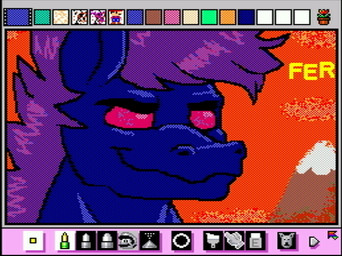 anthro blue_body cloud eyebrows hair male mountain purple_hair red_background red_eyes red_sky screencap simple_background sky smile solo text thick_eyebrows rodricoro mario_paint equid equine horse mammal digital_media_(artwork) dithering headshot_portrait mario_paint_(artwork) portrait