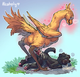 abdominal_bulge anal anal_penetration anthro anthro_on_feral anthro_penetrated ass_up balls bestiality black_body black_fur bodily_fluids butt claws cum cum_from_mouth cum_in_ass cum_in_mouth cum_inflation cum_inside cum_through dripping duo feathered_wings feathers feral feral_penetrating feral_penetrating_anthro from_behind_position fur genital_fluids genitals heart_symbol inflation leaking_cum lying male male/male male_on_feral male_penetrated male_penetrating male_penetrating_male nude on_front open_mouth outside penetration penis questionable_consent scuted_legs scutes sex side_view standing tail tail_feathers tapering_penis tears toe_claws wings yellow_body yellow_feathers young young_anthro young_male alcoholy final_fantasy square_enix drucifer avian canid canine canis chocobo domestic_dog mammal absurd_res hi_res
