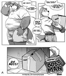 age_difference anthro baseball_cap belly big_belly boss boss_and_employee bottomwear box clock clothed clothing container dialogue duo erection erection_under_clothing facial_hair fully_clothed hat headgear headwear holding_box holding_container holding_object male mature_male overweight overweight_anthro overweight_male shorts side_view speech_bubble standing tail text text_on_box watch working wristwatch kamudragon bossman_(kamudragon) employee_(kamudragon) canid canine canis domestic_dog mammal wolf 2021 absurd_res comic english_text hi_res monochrome multiple_scenes url