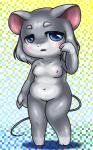 anthro blue_eyes breasts exposure_variation female fur genitals grey_hair hair knock-kneed navel nipples open_mouth pattern_background pussy simple_background slightly_chubby small_breasts solo standing box_xod mammal mouse murid murine rodent 2016 5:8