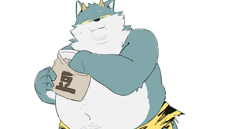 anthro belly black_nose eating food horn kemono male navel overweight overweight_male simple_background solo white_background uokkom setsubun canid canine canis domestic_dog mammal 16:9 2026 hi_res widescreen