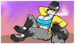 accessory big_breasts breasts butt clothing drugs eyewear female footwear hoodie panties paws shirt shoes simple_background solo substance_intoxication sunglasses topwear underwear wintermadness trish_(winter) mammal procyonid raccoon hi_res monochrome