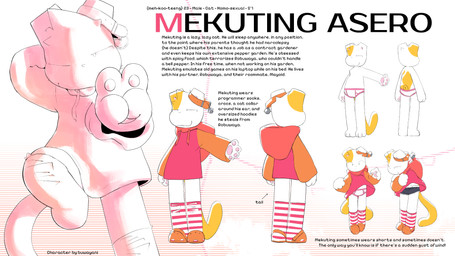 anthro bottomwear clothing collar footwear gesture hand_gesture hoodie knee_highs knee_socks legwear male multiple_angles shorts simple_background smug_face socks tail text topwear underwear v_sign buwayani_(artist) crocs mekuting_(buwayani) domestic_cat felid feline felis mammal 16:9 2026 absurd_res english_text hi_res model_sheet widescreen
