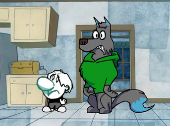 anthro black_clothing black_shirt black_topwear blue_inner_ear blue_markings bottomless bottomwear brown_nose cheek_tuft clothed clothing dipstick_tail duo facial_tuft fully_clothed fur fur_markings green_clothing green_hoodie green_topwear grey_body grey_bottomwear grey_clothing grey_fur grey_pants head_tuft hoodie male markings pants screencap screencap_background shirt solo standing tail tail_markings teeth topwear tuft wide_eyed cartoon_network the_grim_adventures_of_billy_and_mandy fena_the_lynx cel_shading shaded